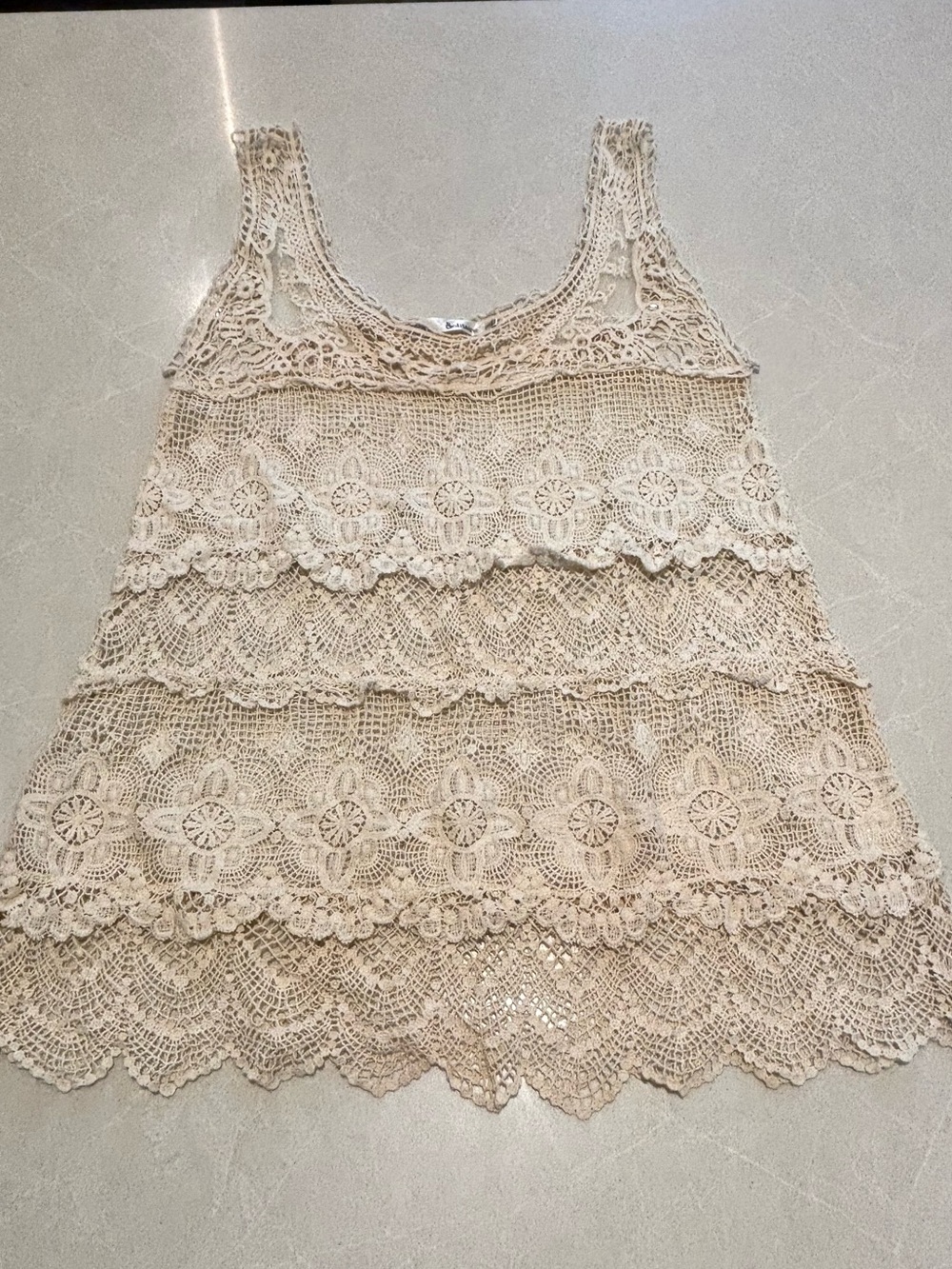 Solitaire Crochet Lace Tiered Tank Top Cream Beige Boho Cottagecore Size Large